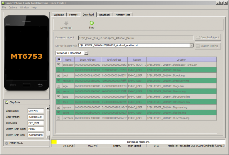 SP Flash Tool progress while flashing rom. 